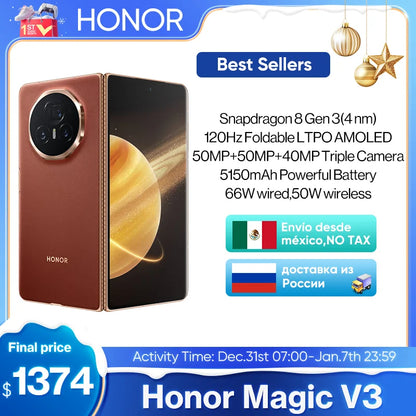 Honor Magic V3 5G Global Version Foldable LTPO Snapdragon 8 Gen 3 7.92" 120Hz AMOLED Display 50MP Triple Cameras 5150mAh 66W NFC