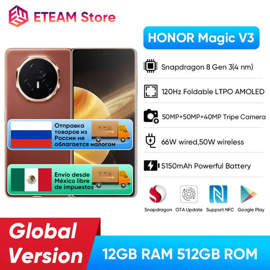 Honor Magic V3 5G Foldable phone LTPO AMOLED 120Hz Display 7.92" 50MP Triple Cameras Snapdragon 8 Gen 3 5150mAh 66W Smartphone