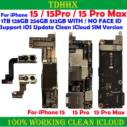 Update iOS System Logic Board For iPhone 15 Pro Max With Face Id Full Chips iCloud Off Dual Sim Motherboard Full Tested Chips